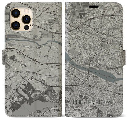 【京王多摩川（東京都）】地図柄iPhoneケース（手帳タイプ）モノトーン・iPhone 12 Pro Max 用