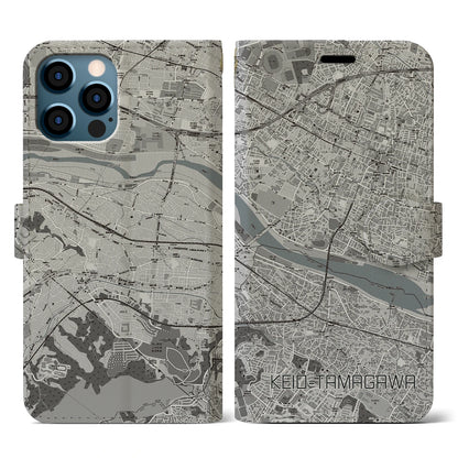 【京王多摩川（東京都）】地図柄iPhoneケース（手帳タイプ）モノトーン・iPhone 12 / 12 Pro 用