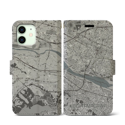 【京王多摩川（東京都）】地図柄iPhoneケース（手帳タイプ）モノトーン・iPhone 12 mini 用