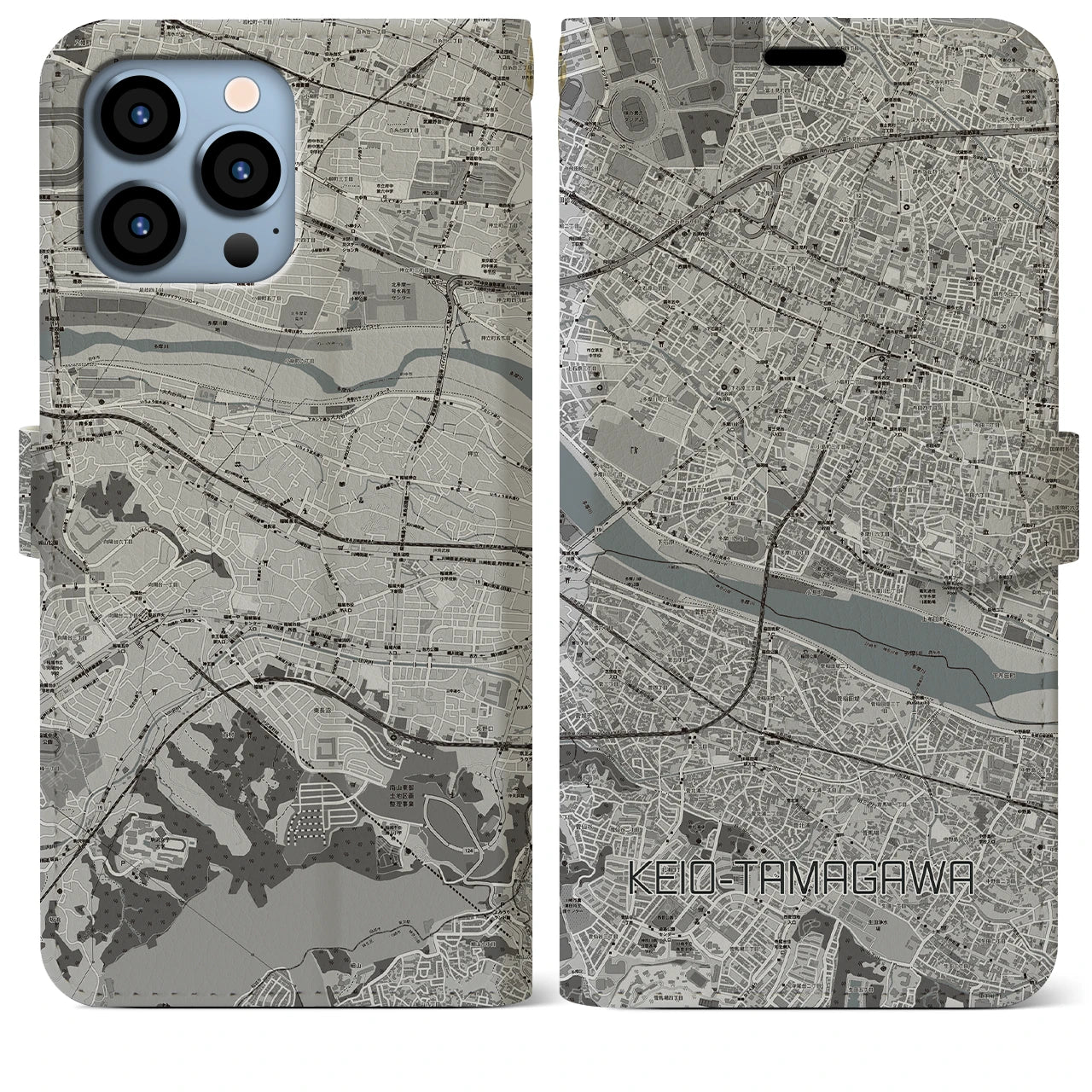 【京王多摩川】地図柄iPhoneケース（手帳両面タイプ・モノトーン）iPhone 13 Pro Max 用