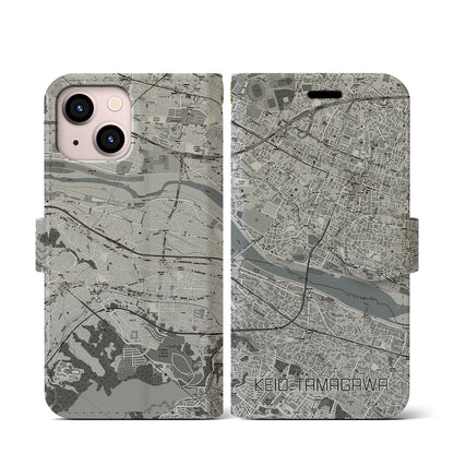 【京王多摩川（東京都）】地図柄iPhoneケース（手帳タイプ）モノトーン・iPhone 13 mini 用