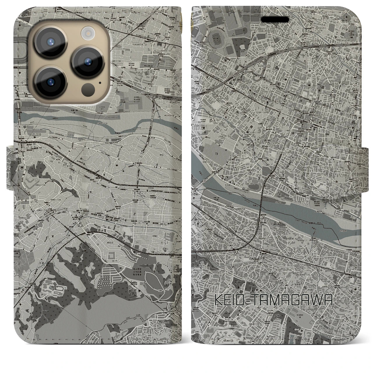 【京王多摩川】地図柄iPhoneケース（手帳両面タイプ・モノトーン）iPhone 14 Pro Max 用
