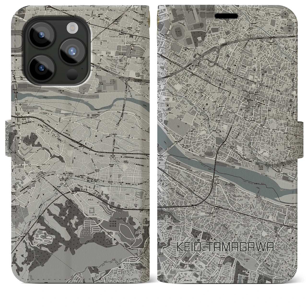 【京王多摩川】地図柄iPhoneケース（手帳両面タイプ・モノトーン）iPhone 15 Pro Max 用