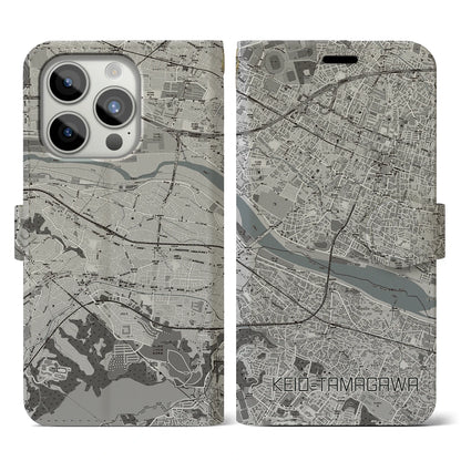 【京王多摩川（東京都）】地図柄iPhoneケース（手帳タイプ）モノトーン・iPhone 15 Pro 用