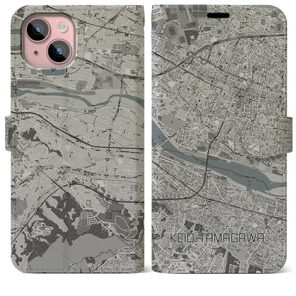 【京王多摩川（東京都）】地図柄iPhoneケース（手帳タイプ）モノトーン・iPhone 15 Plus 用