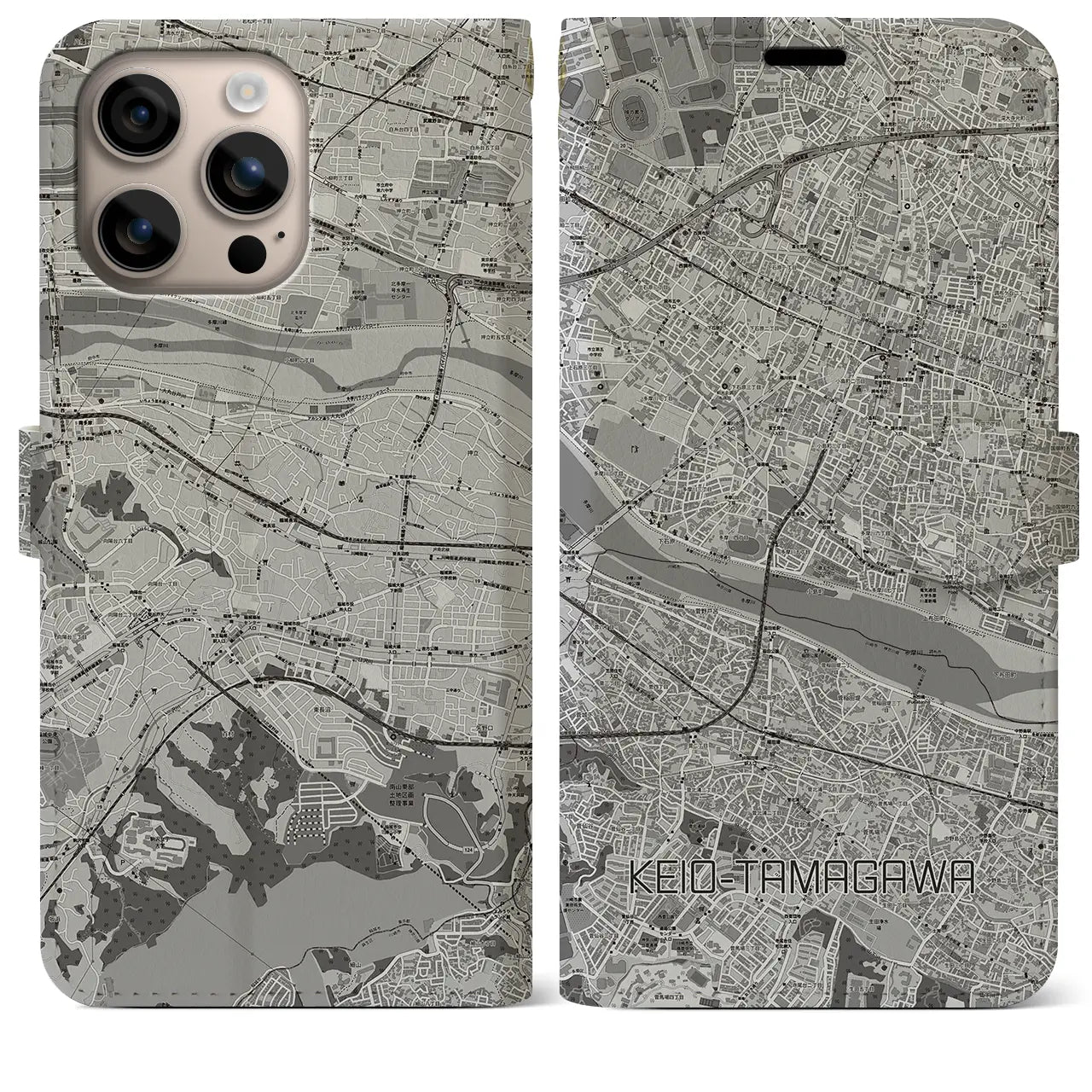 【京王多摩川（東京都）】地図柄iPhoneケース（手帳タイプ）モノトーン・iPhone 16 Plus 用