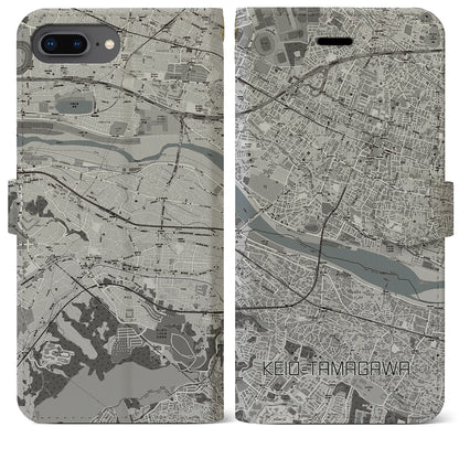 【京王多摩川（東京都）】地図柄iPhoneケース（手帳タイプ）モノトーン・iPhone 8Plus /7Plus / 6sPlus / 6Plus 用