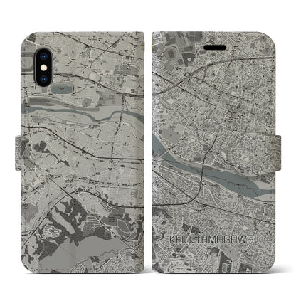【京王多摩川（東京都）】地図柄iPhoneケース（手帳タイプ）モノトーン・iPhone XS / X 用