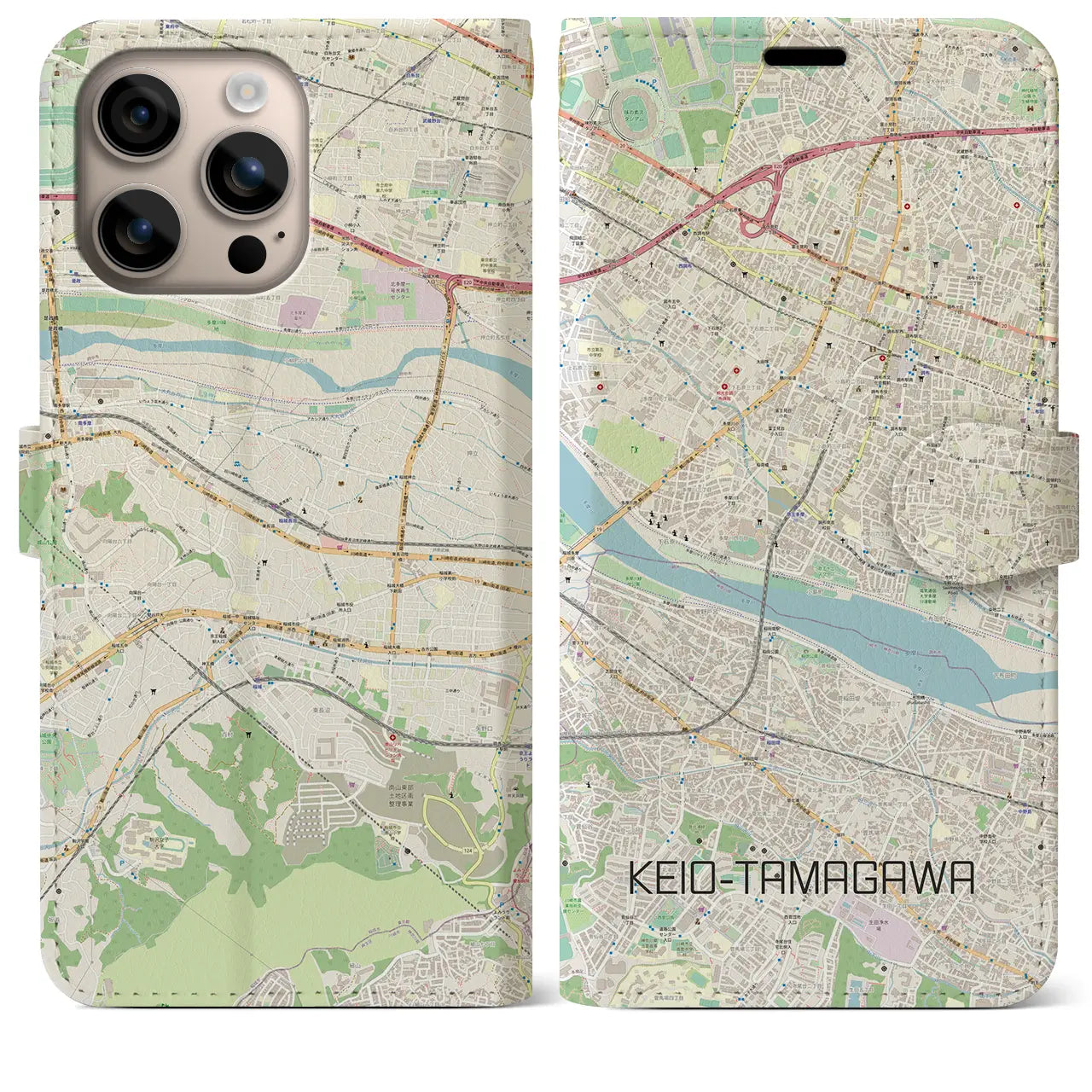 【京王多摩川（東京都）】地図柄iPhoneケース（手帳タイプ）ナチュラル・iPhone 16 Plus 用