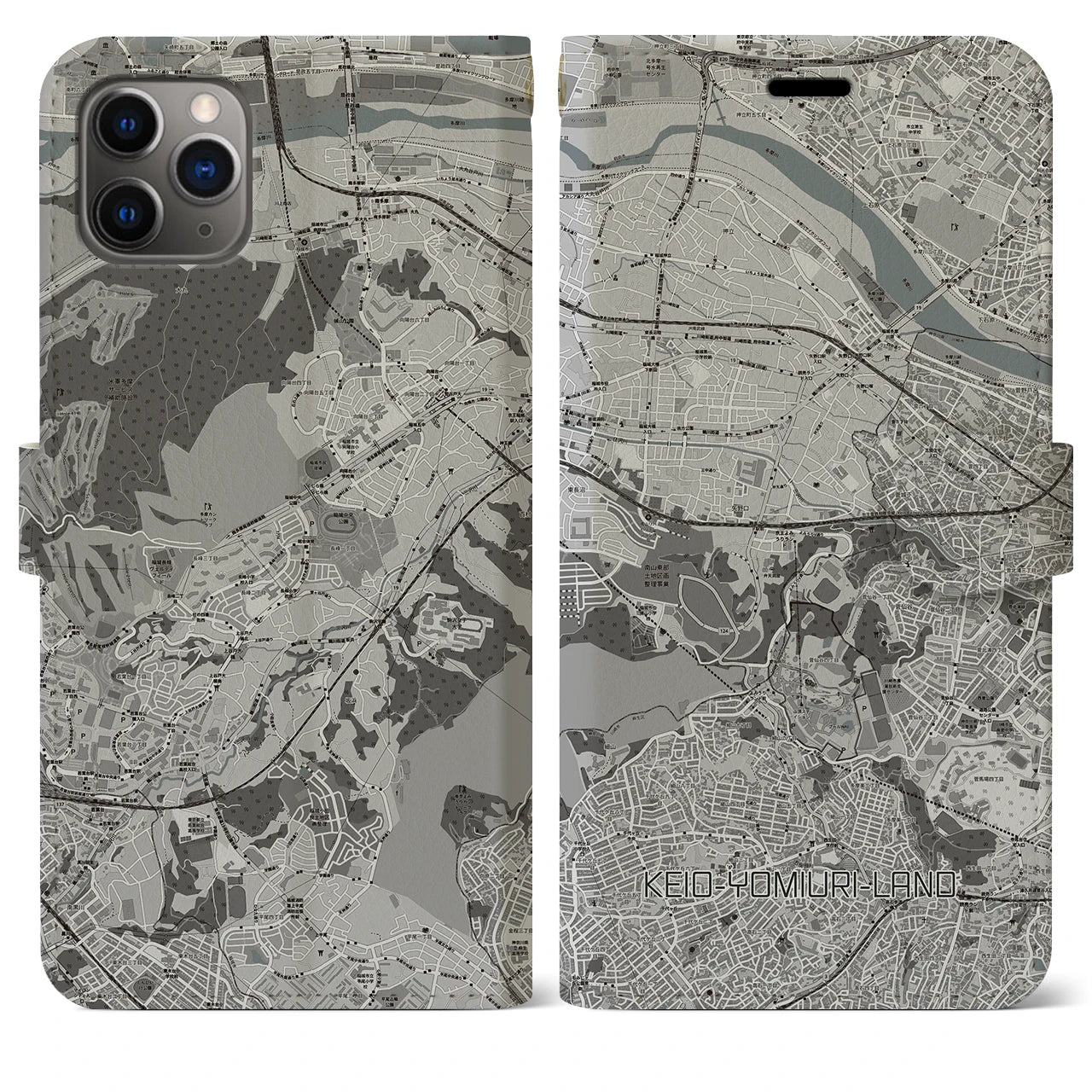 【京王よみうりランド】地図柄iPhoneケース（手帳両面タイプ・モノトーン）iPhone 11 Pro Max 用