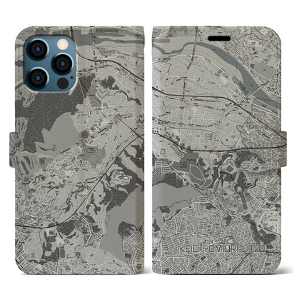 【京王よみうりランド（東京都）】地図柄iPhoneケース（手帳タイプ）モノトーン・iPhone 12 / 12 Pro 用
