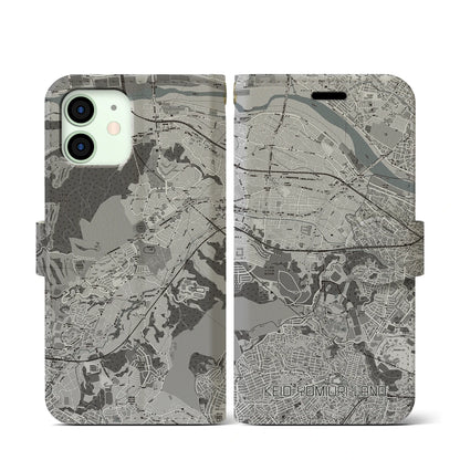 【京王よみうりランド（東京都）】地図柄iPhoneケース（手帳タイプ）モノトーン・iPhone 12 mini 用