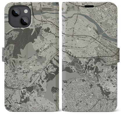 【京王よみうりランド（東京都）】地図柄iPhoneケース（手帳タイプ）モノトーン・iPhone 14 Plus 用