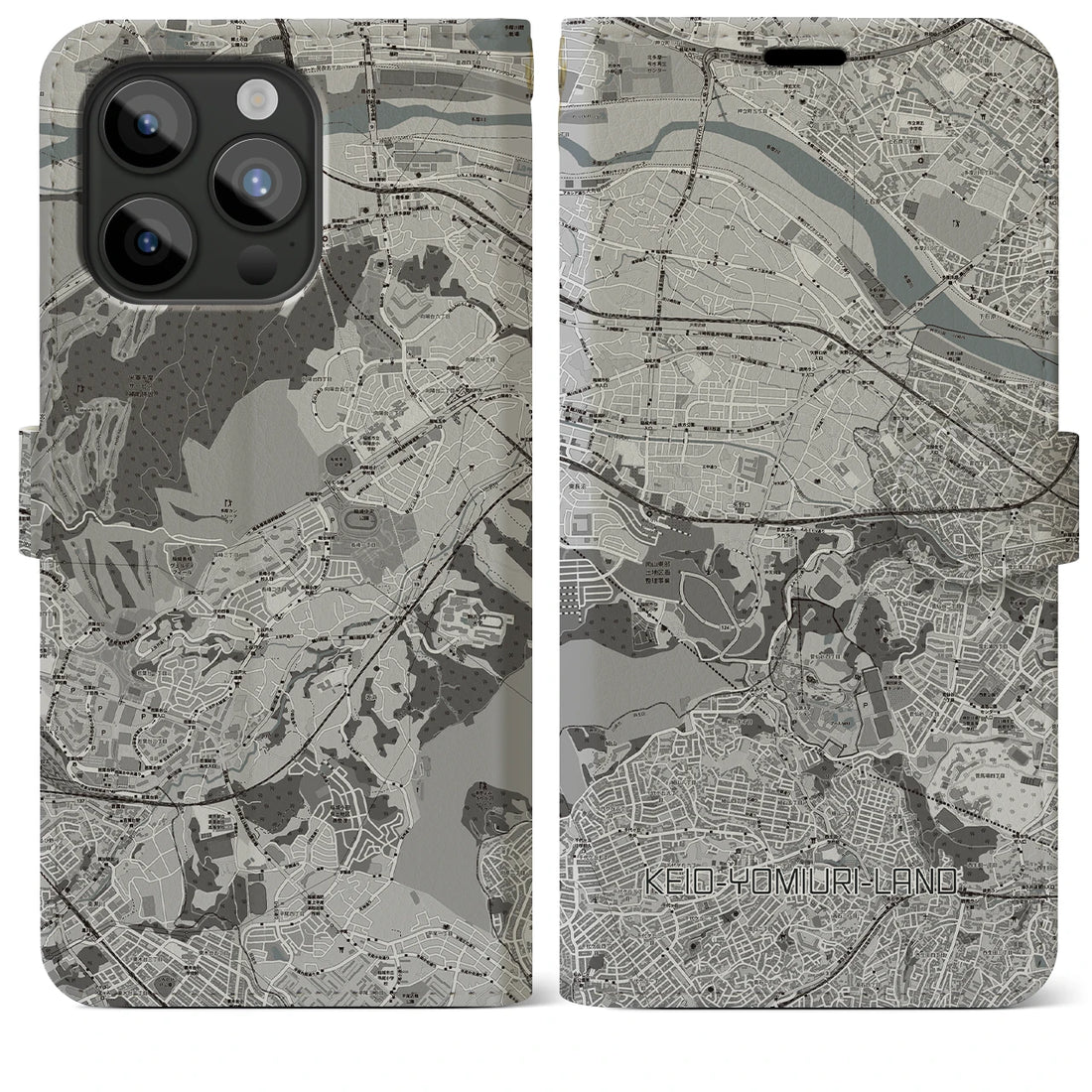 【京王よみうりランド】地図柄iPhoneケース（手帳両面タイプ・モノトーン）iPhone 15 Pro Max 用