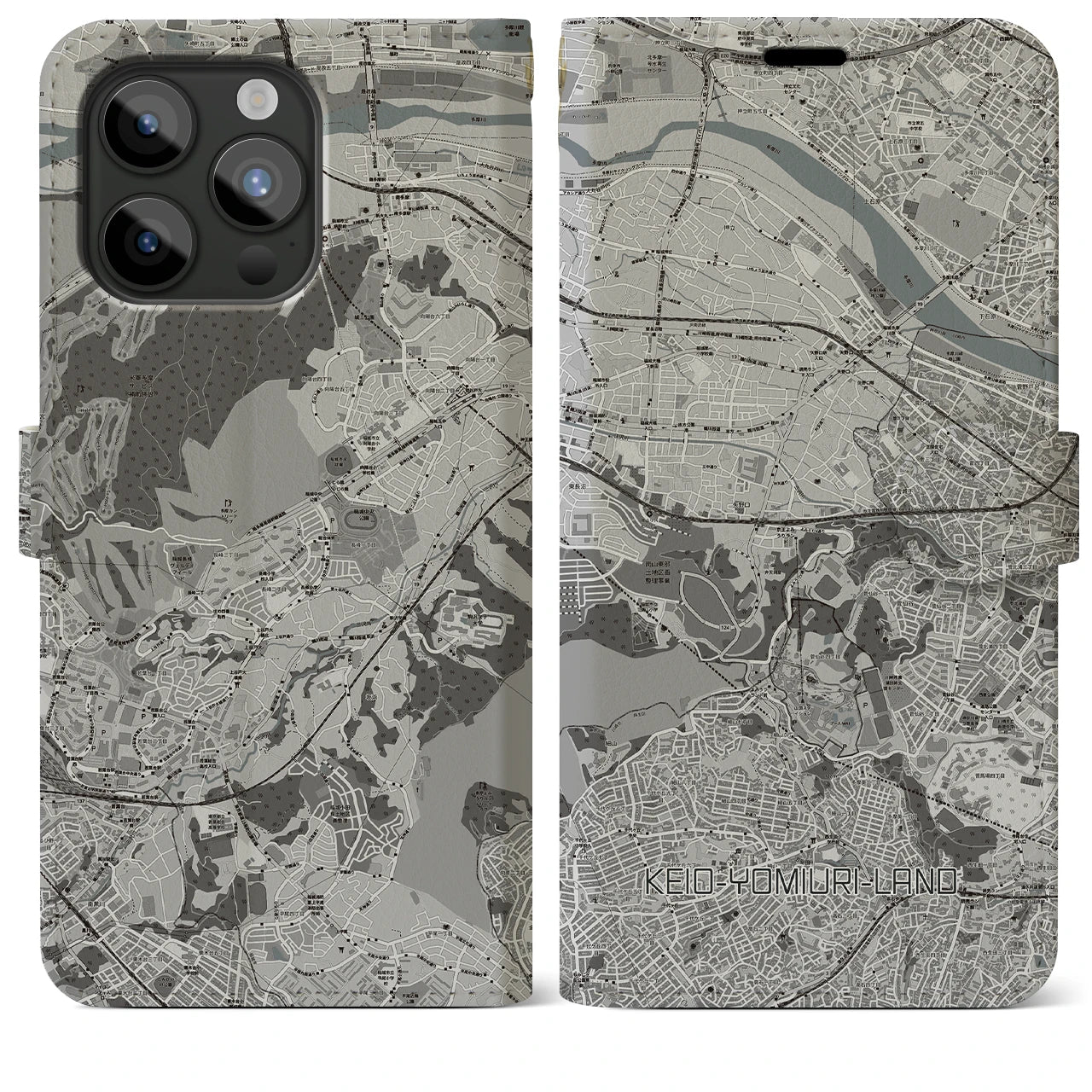 【京王よみうりランド】地図柄iPhoneケース（手帳両面タイプ・モノトーン）iPhone 15 Pro Max 用