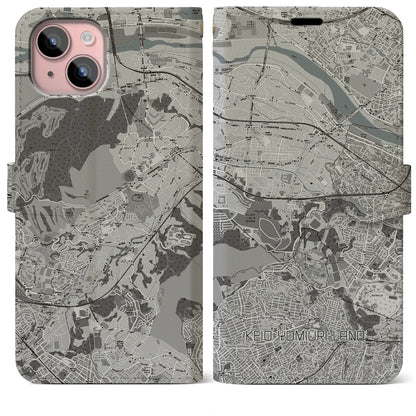 【京王よみうりランド（東京都）】地図柄iPhoneケース（手帳タイプ）モノトーン・iPhone 15 Plus 用