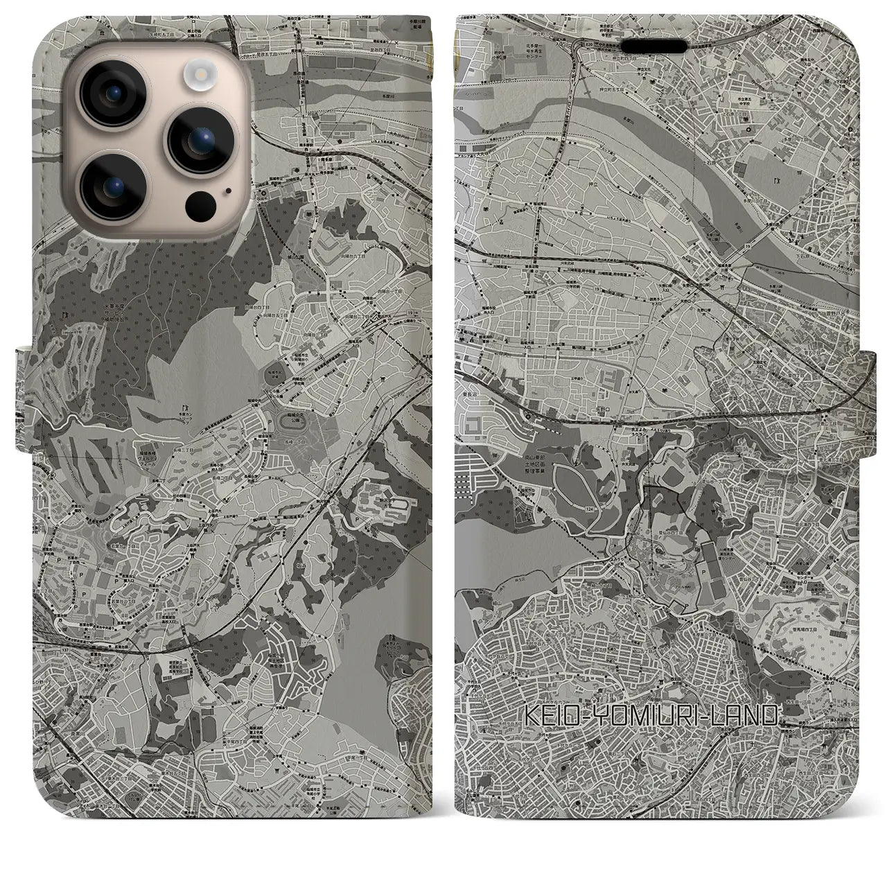 【京王よみうりランド（東京都）】地図柄iPhoneケース（手帳タイプ）モノトーン・iPhone 16 Plus 用