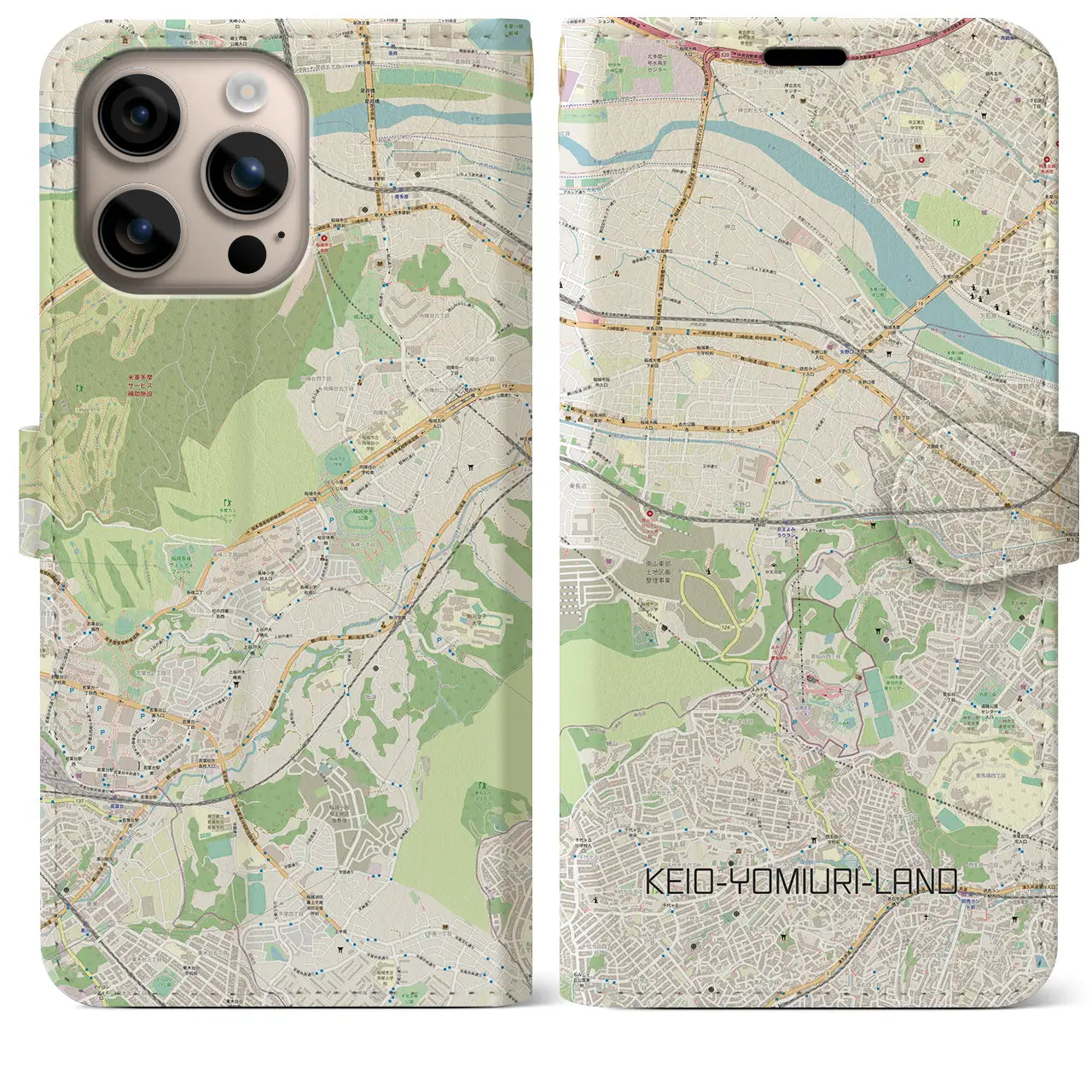 【京王よみうりランド（東京都）】地図柄iPhoneケース（手帳タイプ）ナチュラル・iPhone 16 Plus 用