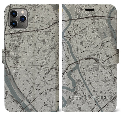 【京成高砂（東京都）】地図柄iPhoneケース（手帳タイプ）モノトーン・iPhone 11 Pro Max 用