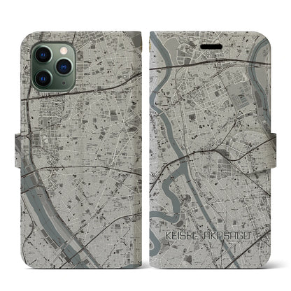 【京成高砂（東京都）】地図柄iPhoneケース（手帳タイプ）モノトーン・iPhone 11 Pro 用