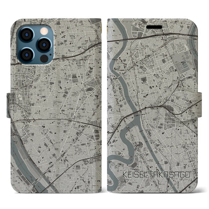 【京成高砂（東京都）】地図柄iPhoneケース（手帳タイプ）モノトーン・iPhone 12 / 12 Pro 用