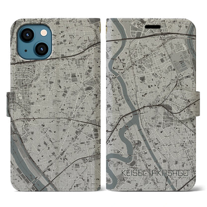 【京成高砂（東京都）】地図柄iPhoneケース（手帳タイプ）モノトーン・iPhone 13 用