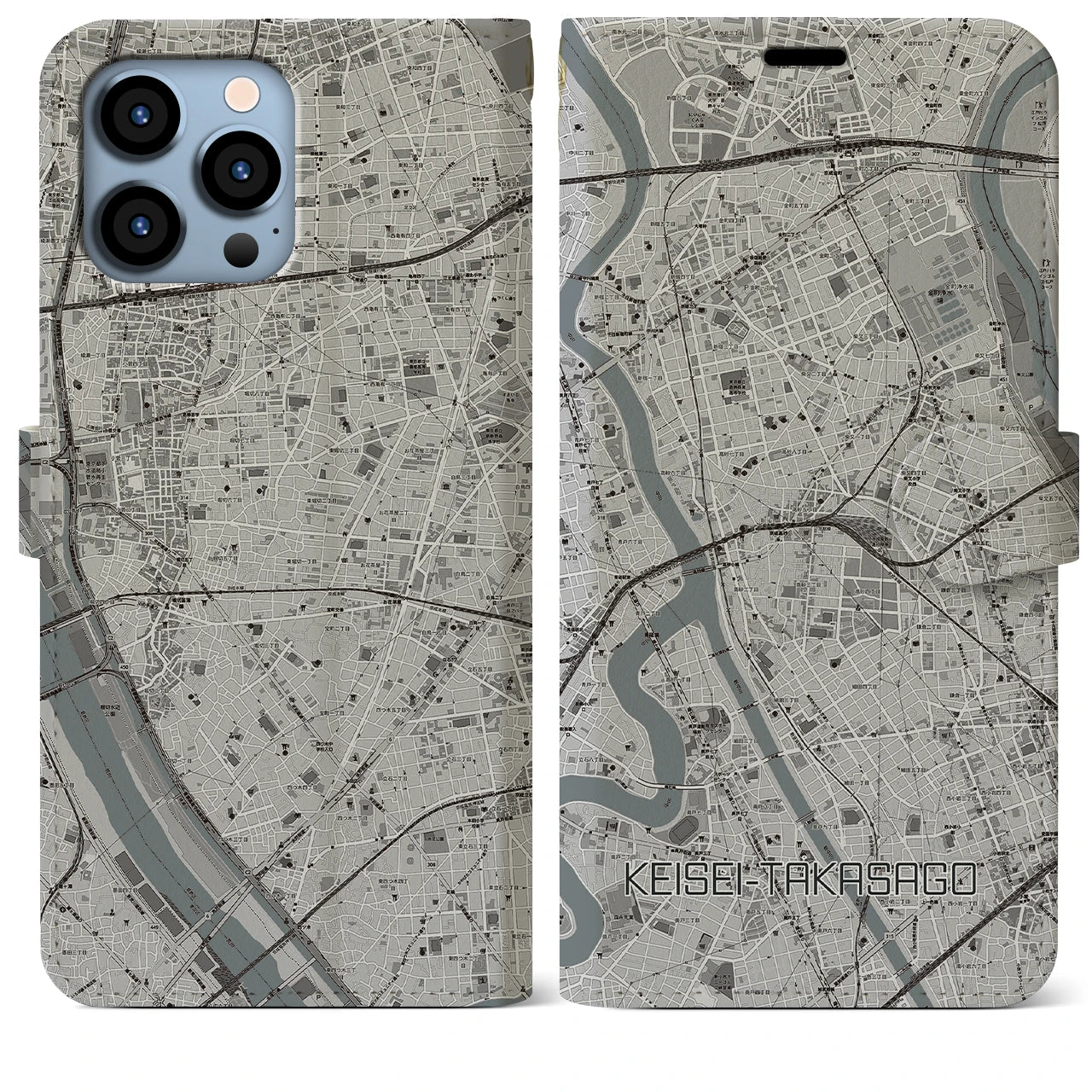 【京成高砂】地図柄iPhoneケース（手帳両面タイプ・モノトーン）iPhone 13 Pro Max 用