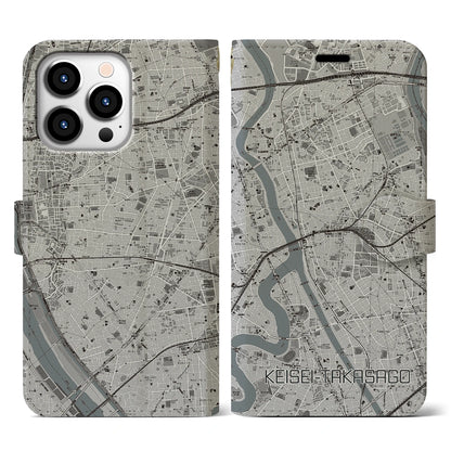 【京成高砂（東京都）】地図柄iPhoneケース（手帳タイプ）モノトーン・iPhone 13 Pro 用