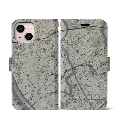 【京成高砂（東京都）】地図柄iPhoneケース（手帳タイプ）モノトーン・iPhone 13 mini 用