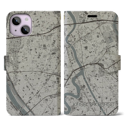 【京成高砂（東京都）】地図柄iPhoneケース（手帳タイプ）モノトーン・iPhone 14 用