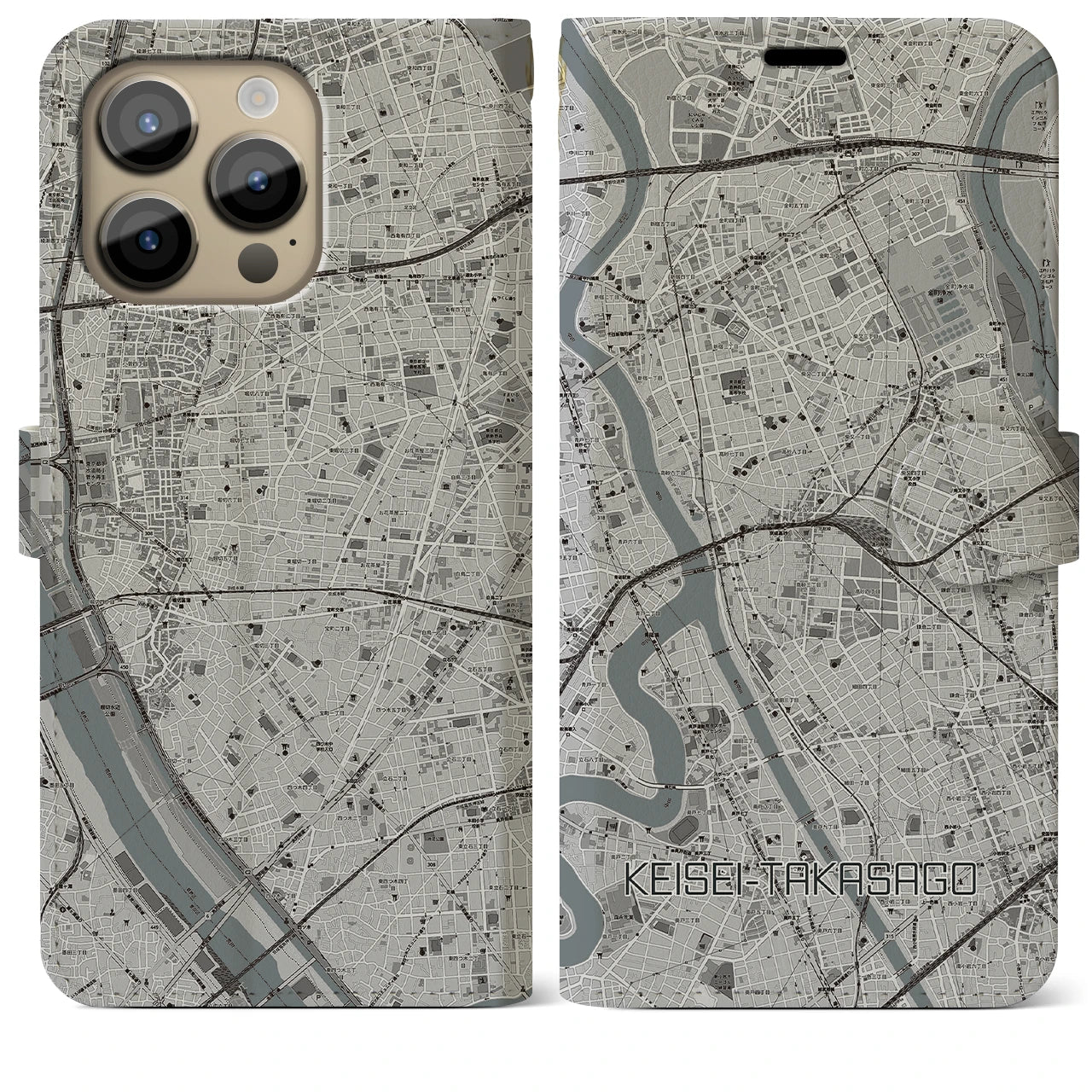 【京成高砂】地図柄iPhoneケース（手帳両面タイプ・モノトーン）iPhone 14 Pro Max 用