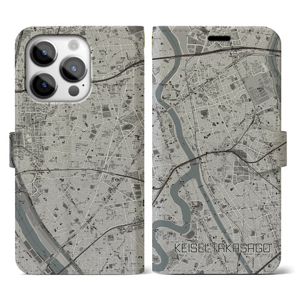 【京成高砂（東京都）】地図柄iPhoneケース（手帳タイプ）モノトーン・iPhone 14 Pro 用