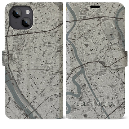 【京成高砂（東京都）】地図柄iPhoneケース（手帳タイプ）モノトーン・iPhone 14 Plus 用