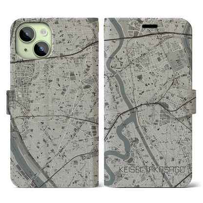 【京成高砂（東京都）】地図柄iPhoneケース（手帳タイプ）モノトーン・iPhone 15 用