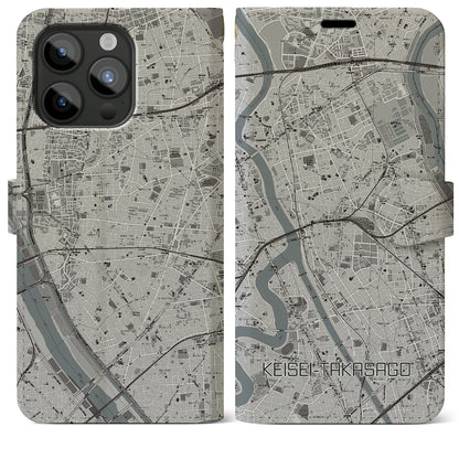 【京成高砂（東京都）】地図柄iPhoneケース（手帳タイプ）モノトーン・iPhone 15 Pro Max 用