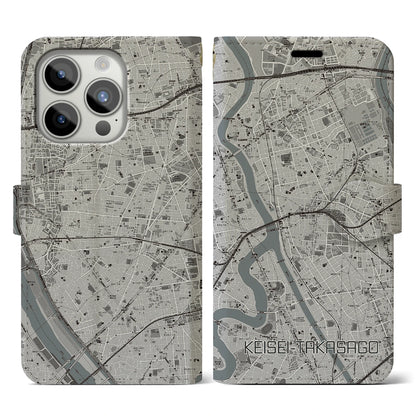 【京成高砂（東京都）】地図柄iPhoneケース（手帳タイプ）モノトーン・iPhone 15 Pro 用