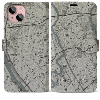 【京成高砂（東京都）】地図柄iPhoneケース（手帳タイプ）モノトーン・iPhone 15 Plus 用