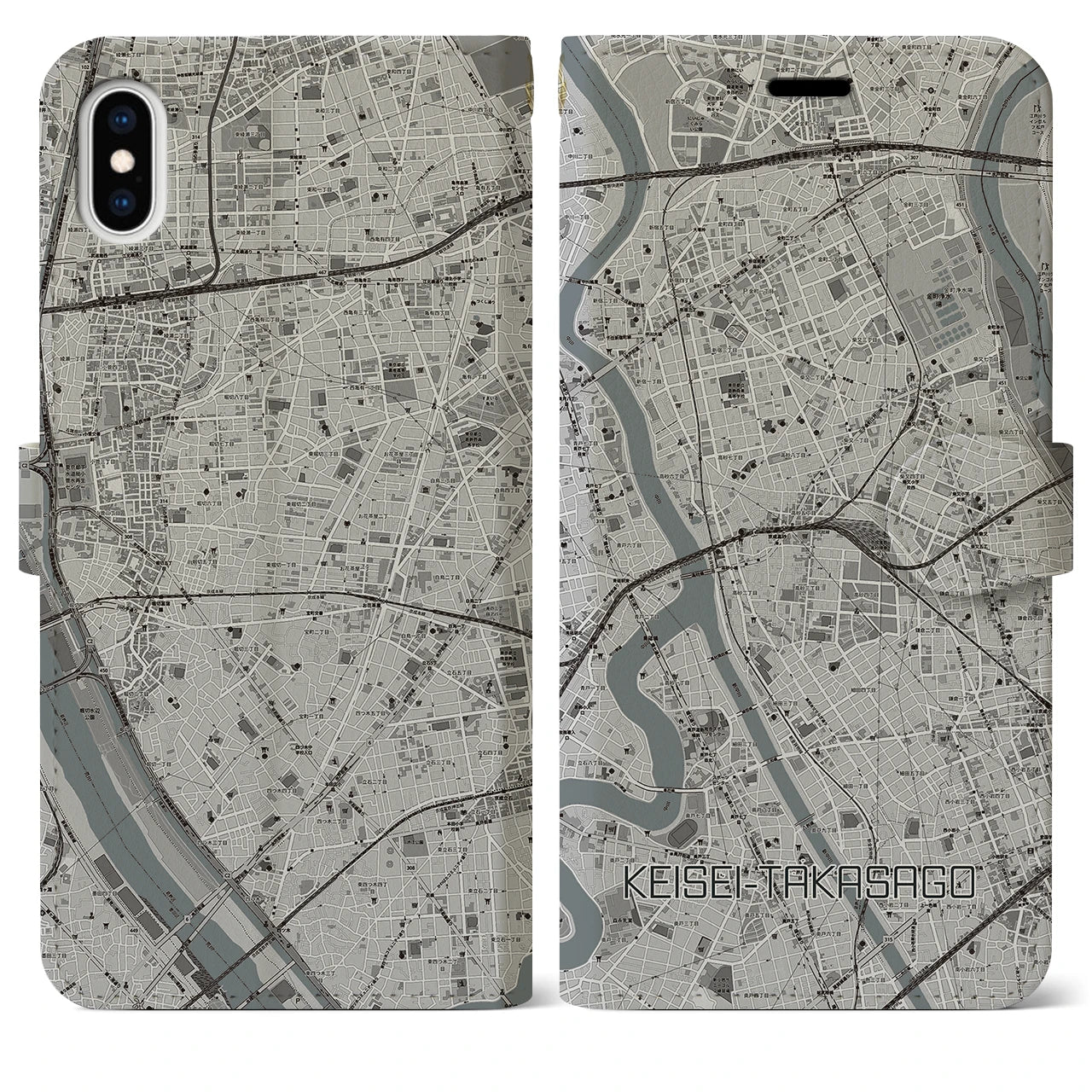 【京成高砂】地図柄iPhoneケース（手帳両面タイプ・モノトーン）iPhone XS Max 用