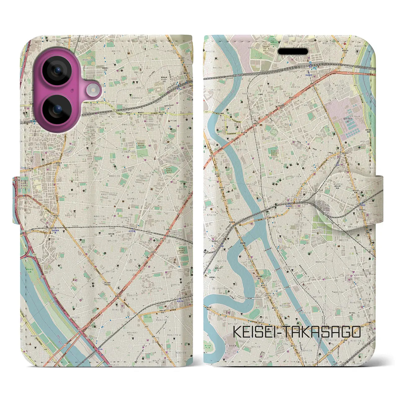 【京成高砂（東京都）】地図柄iPhoneケース（手帳タイプ）ナチュラル・iPhone 16 Pro 用