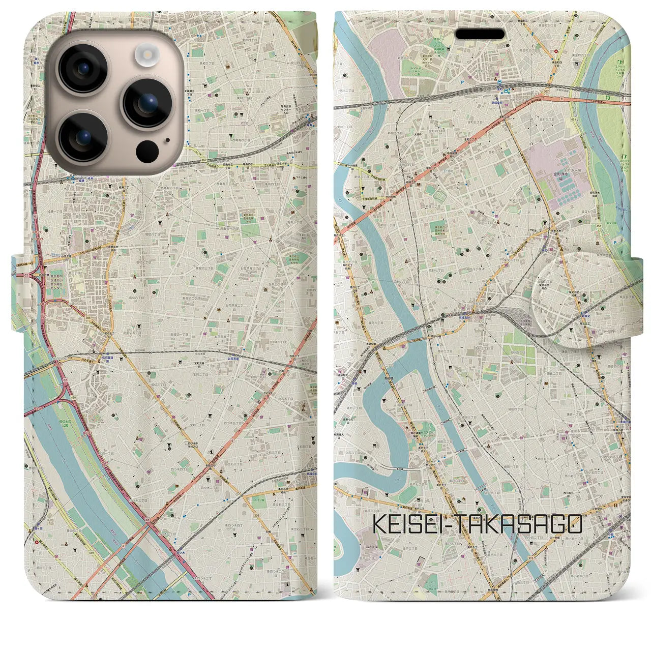 【京成高砂（東京都）】地図柄iPhoneケース（手帳タイプ）ナチュラル・iPhone 16 Plus 用