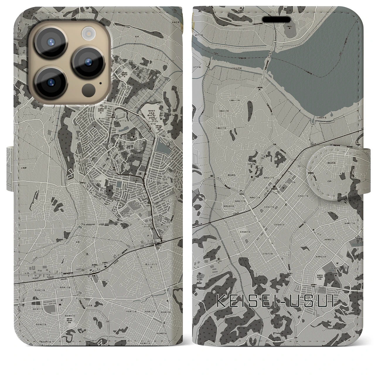 【京成臼井】地図柄iPhoneケース（手帳両面タイプ・モノトーン）iPhone 14 Pro Max 用