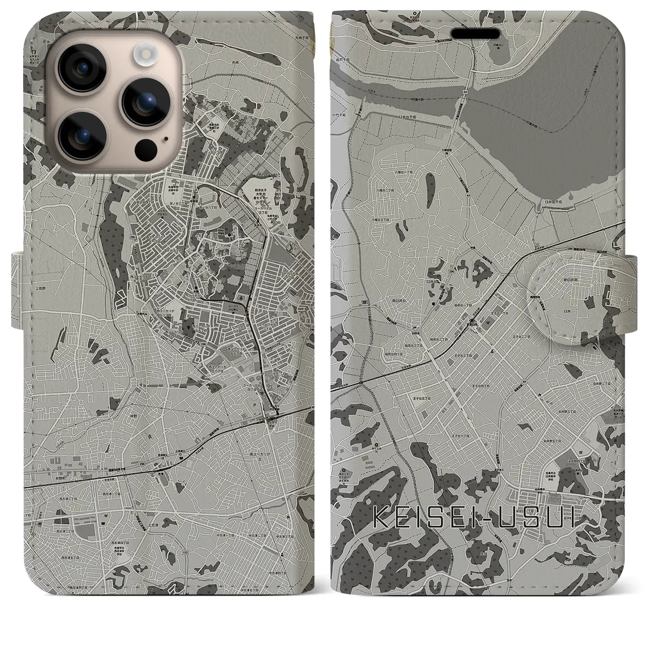 【京成臼井（千葉県）】地図柄iPhoneケース（手帳タイプ）モノトーン・iPhone 16 Plus 用