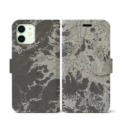 【桂川（福岡県）】地図柄iPhoneケース（手帳タイプ）モノトーン・iPhone 12 mini 用