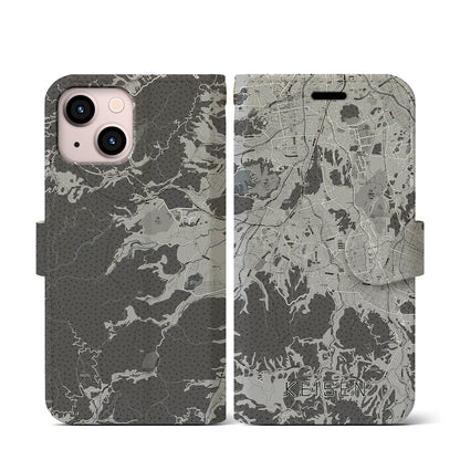 【桂川（福岡県）】地図柄iPhoneケース（手帳タイプ）モノトーン・iPhone 13 mini 用