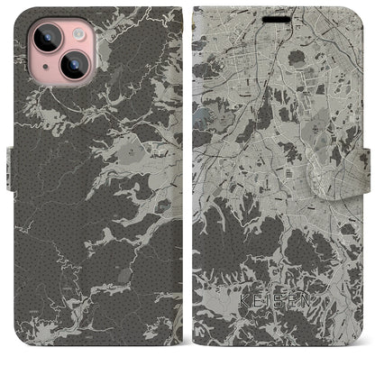 【桂川（福岡県）】地図柄iPhoneケース（手帳タイプ）モノトーン・iPhone 15 Plus 用