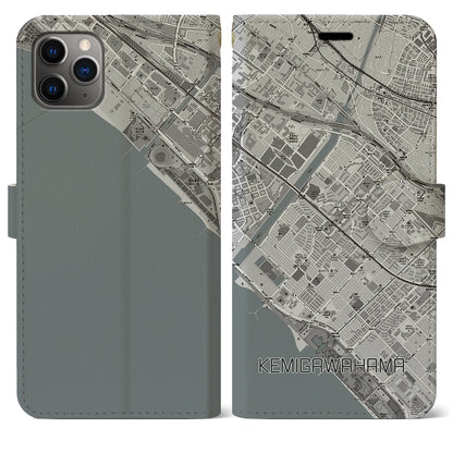 【検見川浜（千葉県）】地図柄iPhoneケース（手帳タイプ）モノトーン・iPhone 11 Pro Max 用