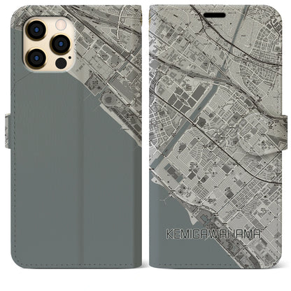 【検見川浜（千葉県）】地図柄iPhoneケース（手帳タイプ）モノトーン・iPhone 12 Pro Max 用