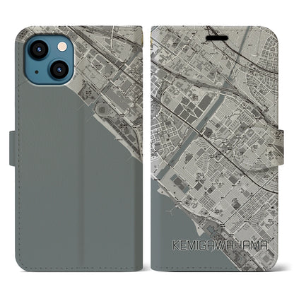 【検見川浜（千葉県）】地図柄iPhoneケース（手帳タイプ）モノトーン・iPhone 13 用