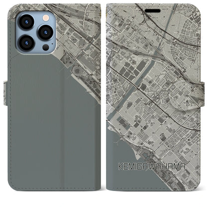 【検見川浜（千葉県）】地図柄iPhoneケース（手帳タイプ）モノトーン・iPhone 13 Pro Max 用