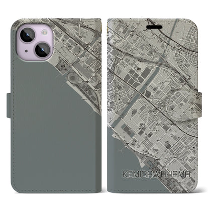 【検見川浜（千葉県）】地図柄iPhoneケース（手帳タイプ）モノトーン・iPhone 14 用